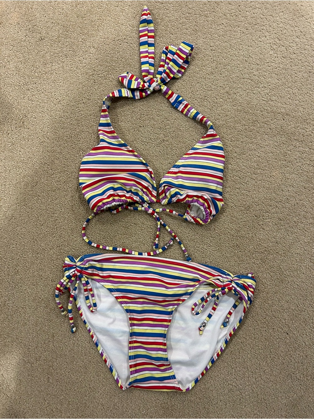 Ingear Girls' Rainbow Stripe Halter Bikini - Red, Blue, Yellow, Green, Purple